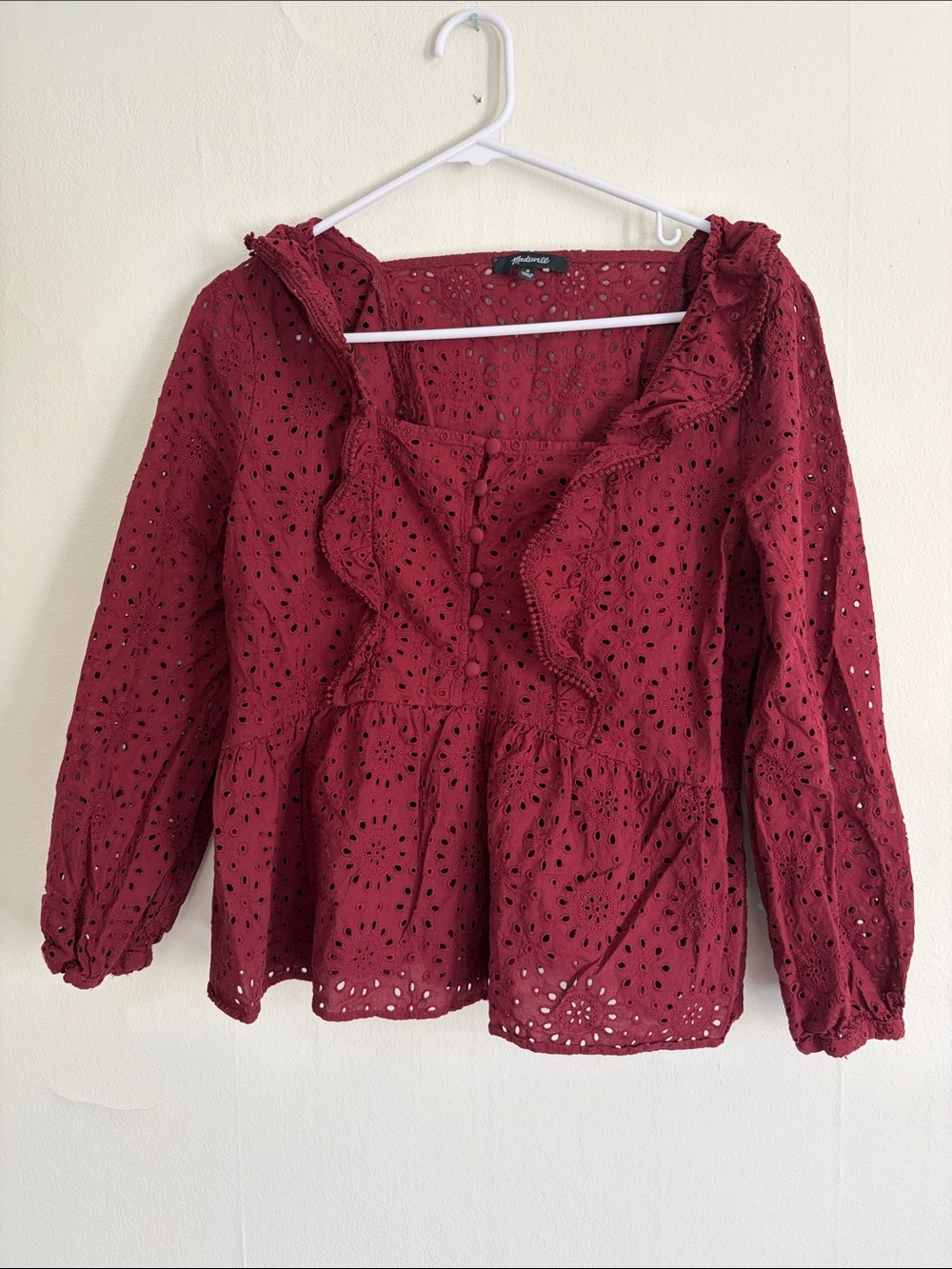 Madewell Burgundy Eyelet Ruffle Peplum Blouse